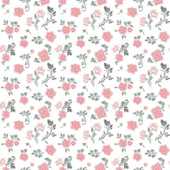 Seamless vintage pattern on a white background. Small pink flowers with green leaves. Vector texture. Fashionable print for textiles and wallpaper.
