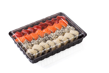 Sushi set in a delivery box on a white background © Minakryn Ruslan 