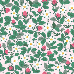 Strawberry seamless pattern. Cute summer berries and flowers on a light pink background. Textile vintage design.