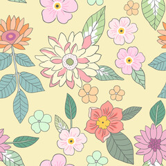 Botanical seamless pattern on yellow background, various pink and yellow flowers with green leaves, pastel vintage theme.
