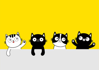 Cat head face line contour icon set. White black doodle kitten. Cute cartoon funny character. Funny kawaii smiling sad pet animal. Paw print. Different emotions. Flat design Yellow background