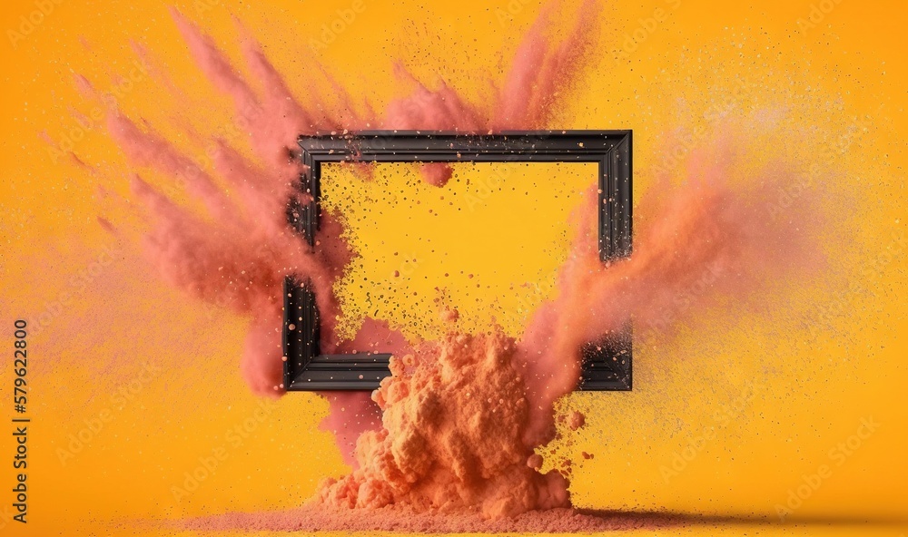 Poster a picture frame with pink powder coming out of it on a yellow background with a black frame on the l