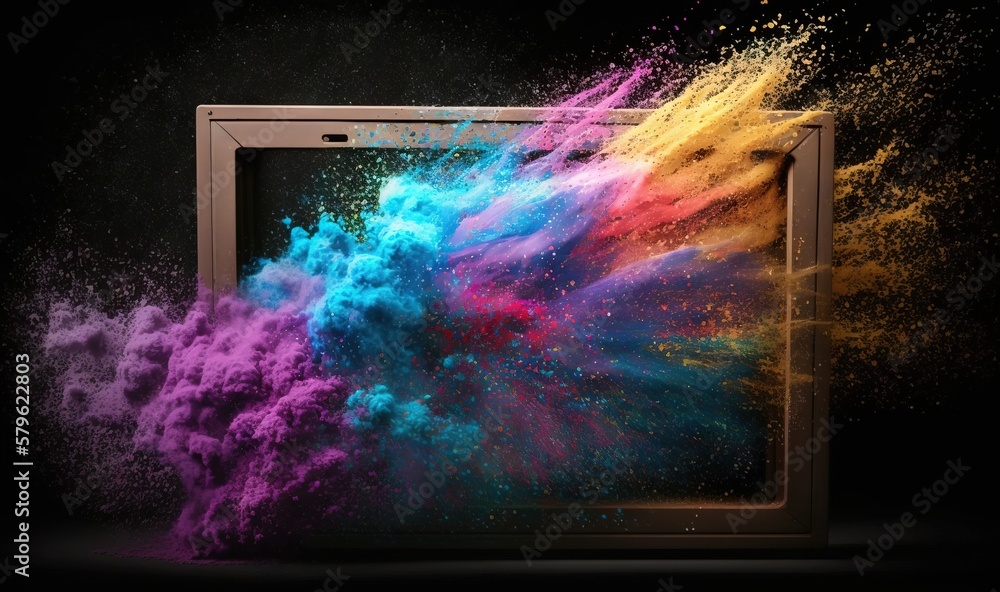 Poster a computer screen with colored powder coming out of it's screen and a black background with a white 