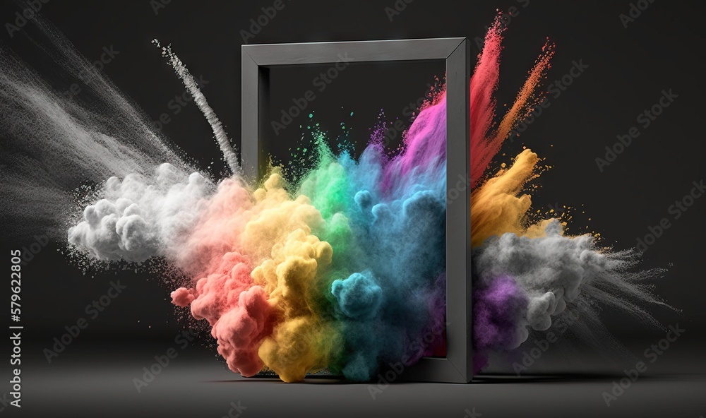 Poster an open door with colored powder coming out of it and a black background with a white frame in the m