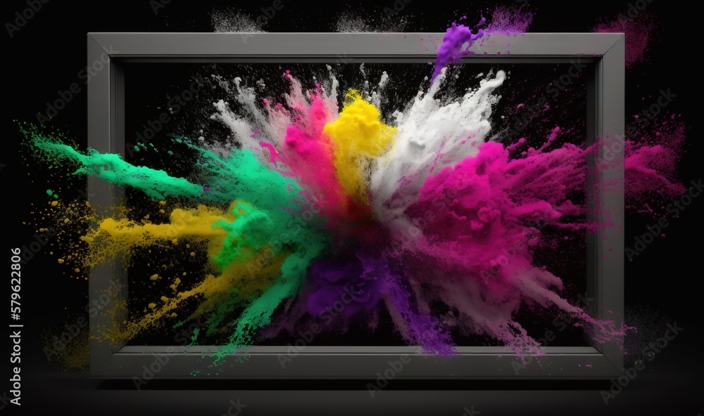 Poster a picture frame filled with colored powder and sprinkles on a black background with a black border a