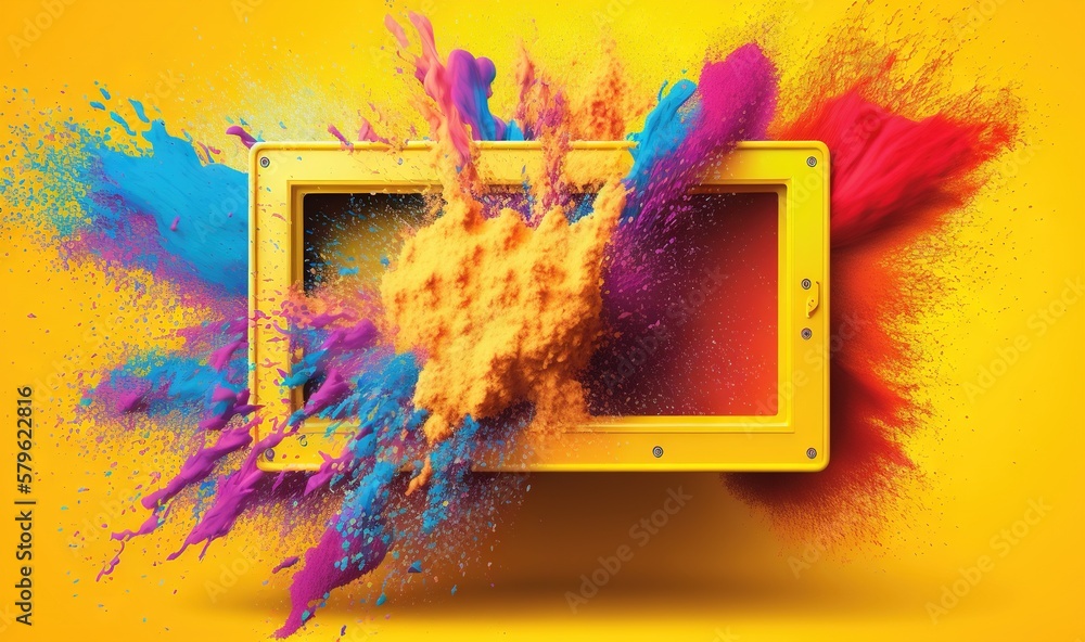 Poster  a yellow frame with colorful powder flying out of it on a yellow background with a splash of paint on the frame and the back of the frame.  generative ai