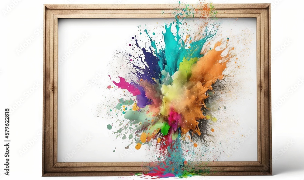 Poster a picture frame with a multicolored paint splattered on the inside of the frame and a white backgrou