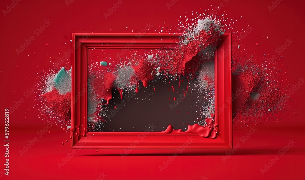 Poster a red picture frame with paint splattered around it on a red background with a black background and 