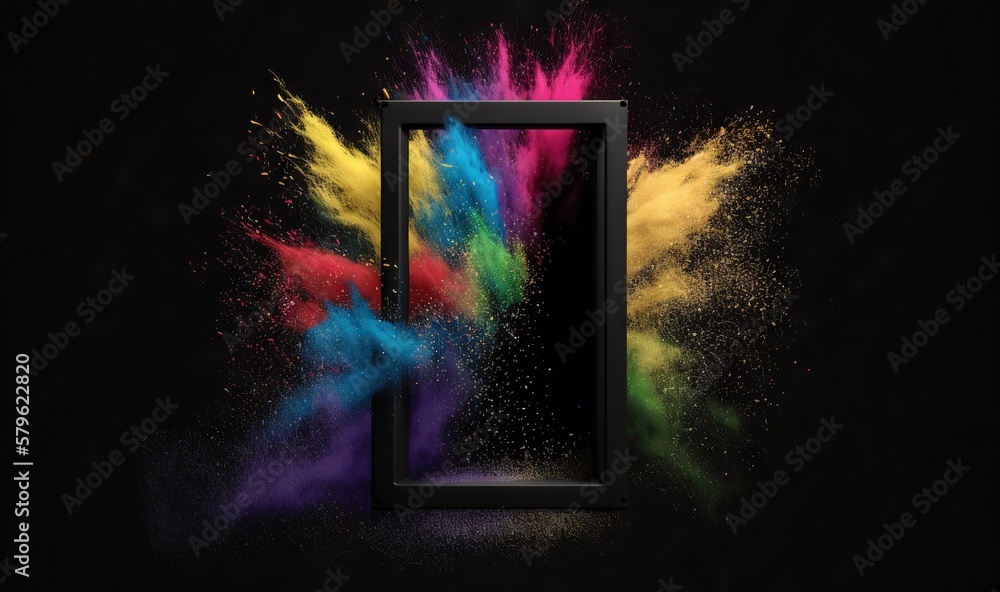 Poster a picture frame with colored powder coming out of it and a black background with a black frame with 