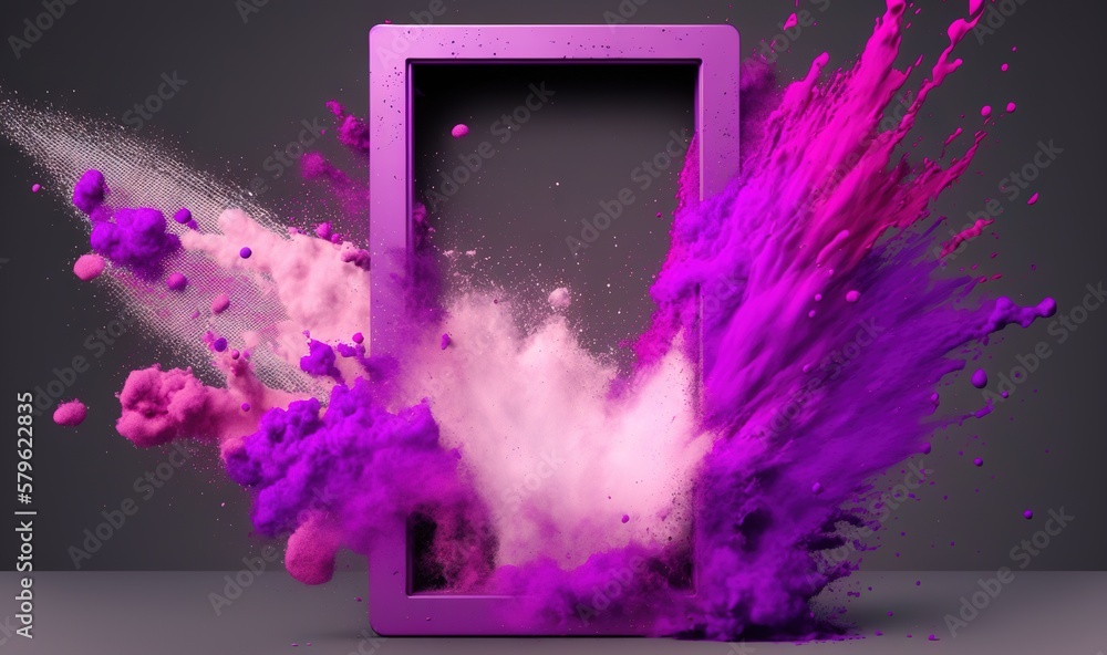 Poster a purple and white object is in the air with a gray background and a gray frame with a pink and purp