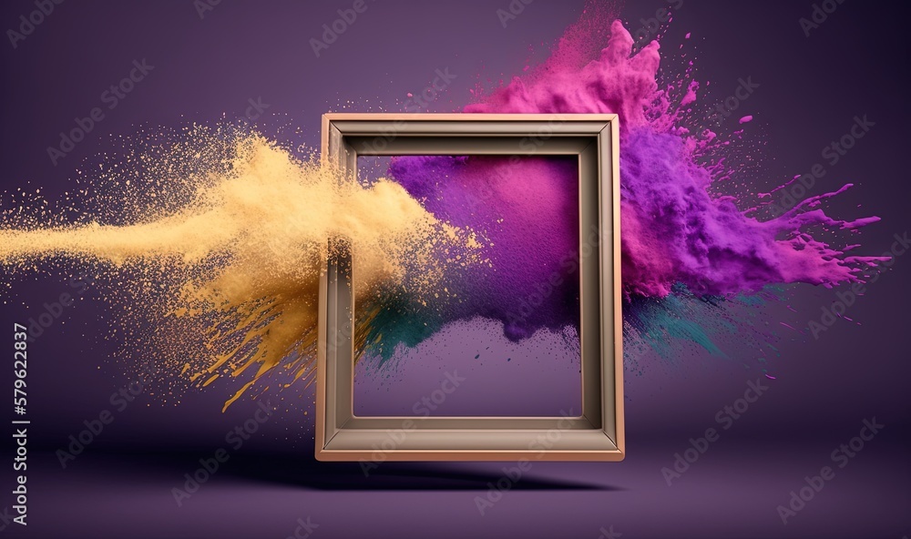 Poster a picture frame with a colorful powder explosion coming out of it and a picture frame with a picture