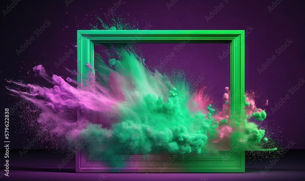Poster a frame with colored powder in it on a purple background with a green frame in the middle of the fra
