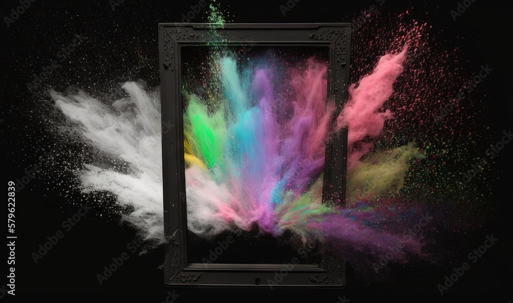 Poster a picture frame with colored powder coming out of it and a black background with a black frame with 