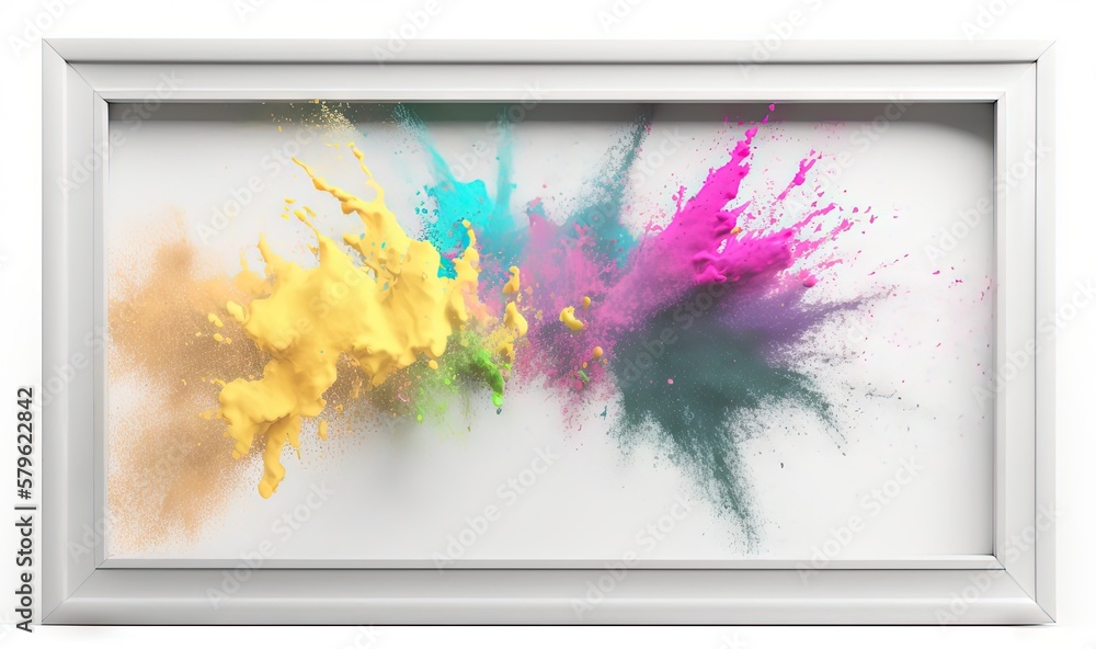 Poster a white frame with a multicolored paint splattered on it in front of a white wall and a white backgr