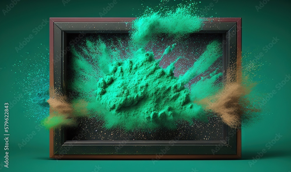 Poster a picture frame with a green powder explosion in the middle of it and a green background with a brow
