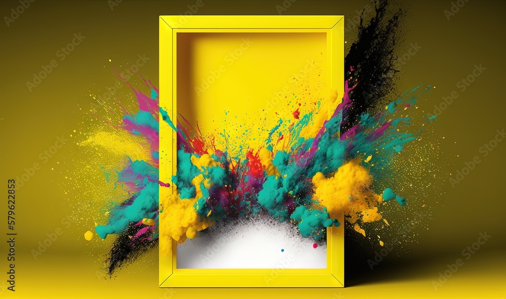 Poster a yellow frame with colorful paint splashing out of the bottom and bottom of the frame, on a yellow 