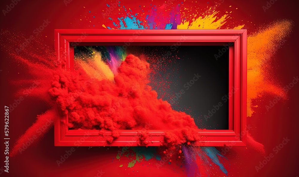 Poster a picture frame with a red background and colorful paint splatters on the wall behind it and a black