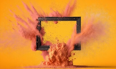  a picture frame with pink powder coming out of it on a yellow background with a black frame on the left side of the frame and a yellow background.  generative ai