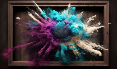  a picture frame with a multicolored explosion of powder in the middle of it and a wooden frame with a picture frame in the background.  generative ai