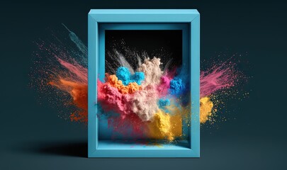  an open blue box with colored powder in it on a black background with a blue frame on the bottom of the box is a multi - colored powder explosion.  generative ai