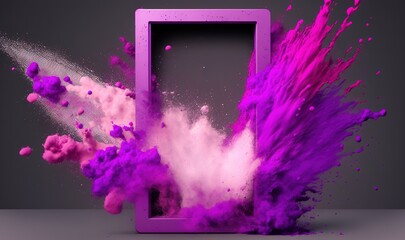  a purple and white object is in the air with a gray background and a gray frame with a pink and purple substance in it and a spray of water.  generative ai