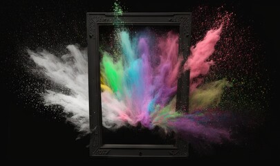  a picture frame with colored powder coming out of it and a black background with a black frame with a picture of a frame on it.  generative ai