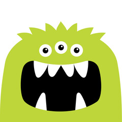 Monster face head. Eyes, fang teeth. Happy Halloween. Cute kawaii cartoon colorful scary character. Green monsters. Funny baby collection. Flat design. White background