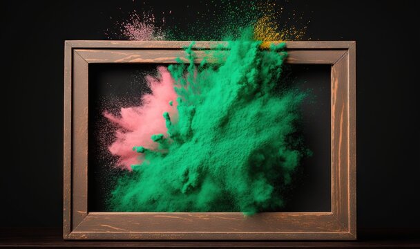  a picture frame with a green and pink powder exploding out of the top of the frame in front of a black background with a wooden frame.  generative ai