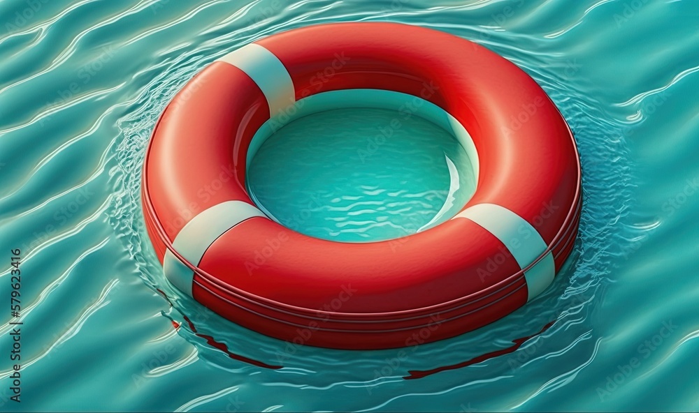 Poster a life preserver floating on top of a body of water with a blue sky in the background of it and a re