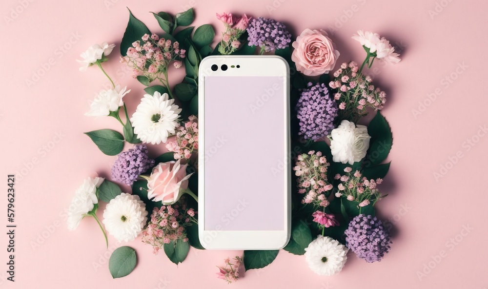 Poster a white cell phone surrounded by flowers on a pink background with space for a text or a message on 