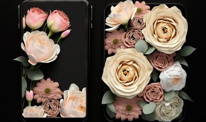  two cell phones with flowers on them next to each other on a black background, one of them has a phone case with flowers on it.  generative ai