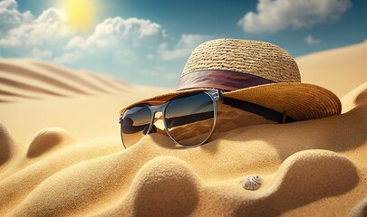  a hat, sunglasses, and a hat are laying on a sand dune in the desert under a blue sky with clouds and a sun.  generative ai