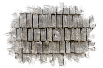 Facade cladding of weathered wooden shingles on a field barn in the Alps. Transparent background, PNG in graffiti style.