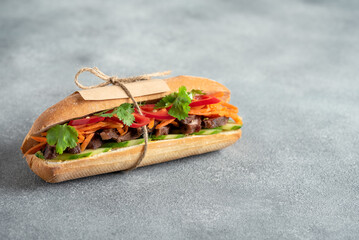 Banh mi, vietnamese sandwich, side view, selective focus.