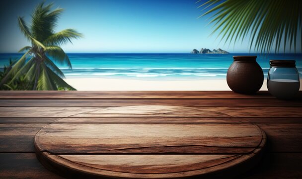  a wooden table with two vases on top of it next to a beach with a palm tree in the background and a painting of the ocean in the background.  generative ai