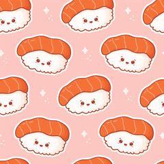 Kawaii seamless pattern with sushi with funny face. Cute print asian food in cartoon style for phone case, backgrounds, fashion, wrapping paper and textile. Vector Illustration