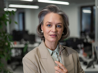 Portrait of an attractive mature caucasian woman in the office. 