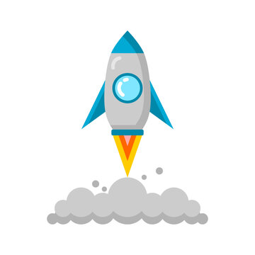 Cute blue spaceship rocket launch take-off with fire smoke cartoon icon flat vector design