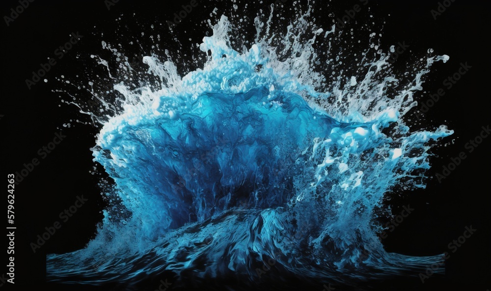 Poster a large blue wave splashing into the ocean on a black background with a black background and a black