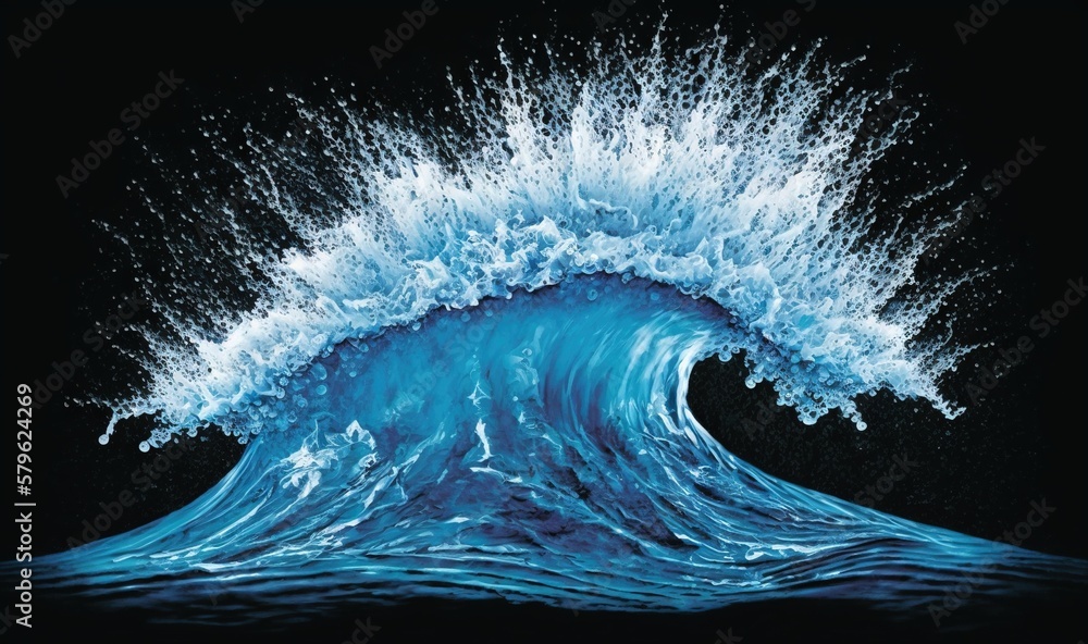 Poster a large blue wave in the ocean on a black background with water splashing on it's side and a black b