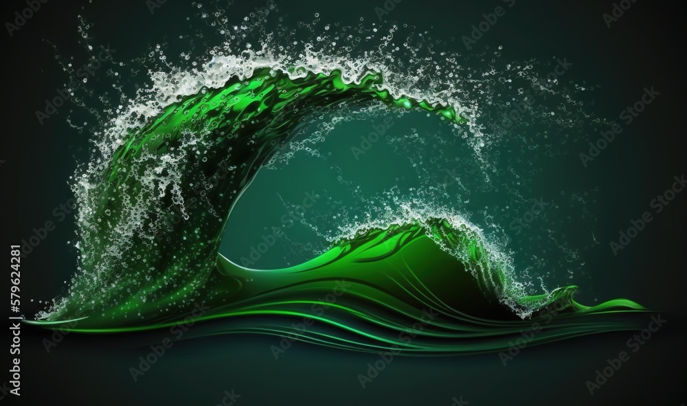 Poster a green wave with water splashing out of it on a black background photo of a green wave with water s