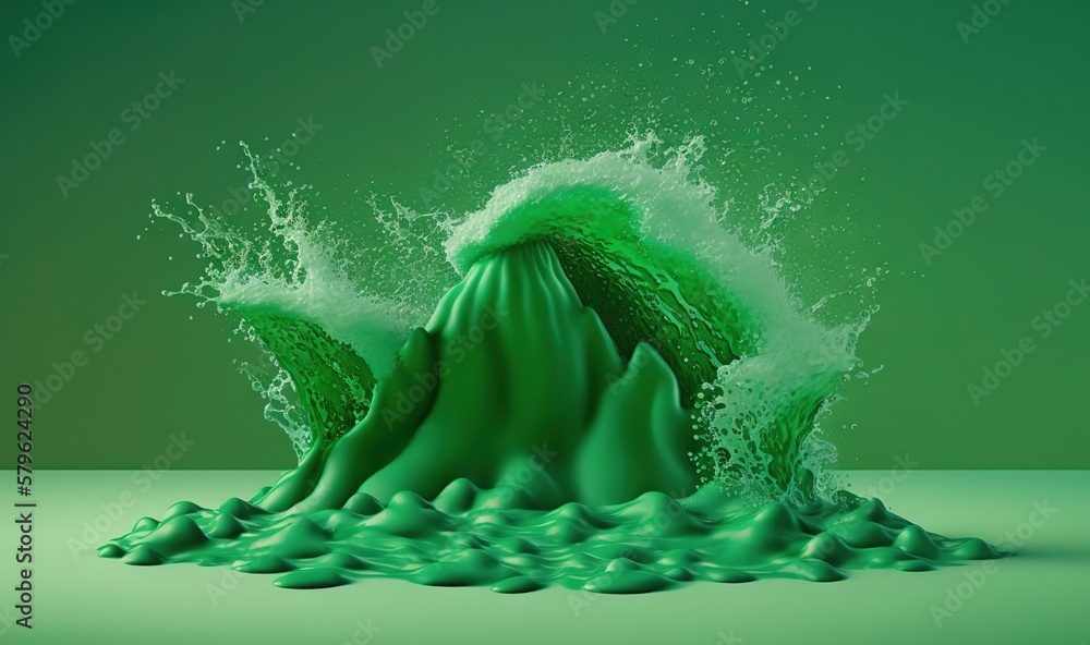 Poster a green liquid splashing out of a green mountain on a green background with water splashing on it an