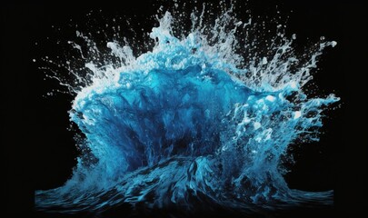  a large blue wave splashing into the ocean on a black background with a black background and a black background with a black background and white border.  generative ai