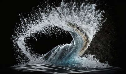  a large wave is crashing into the ocean on a black background with water splashing out of the top of the wave and the bottom of the wave.  generative ai