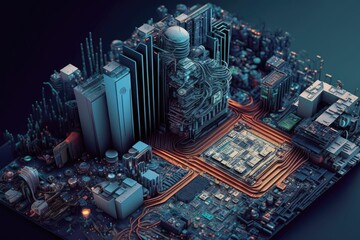 Obraz premium Miniature Motherboard city with tall buildings. Generative AI. 