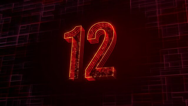 Futuristic Red Yellow Shine 3D Perspective Motion View 12 Number Text Lines With Square Dots Fractal Digital Technology Texture, 6-16 Sec Seamless Loop