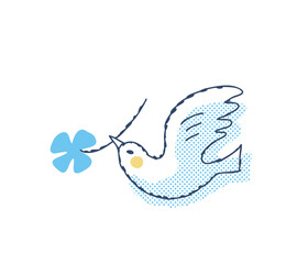 四葉のクローバーを咥えて飛んでいる鳥