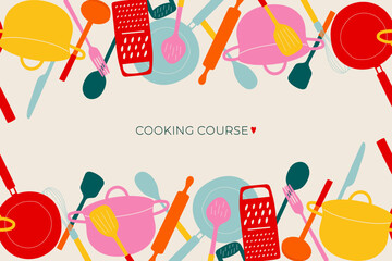 Cooking course. Kitchen tools horizontal banner in doodle style. Background with hand drawn dishes. Vector poster with cutlery. Cooking classes poster.