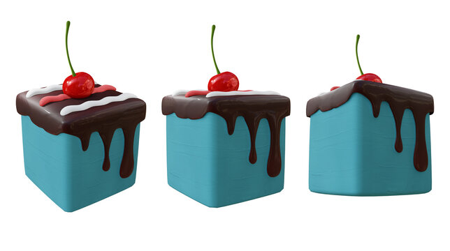 3d Rendering Of Small Mini Blue Cake With Cherry On Top Perspective View