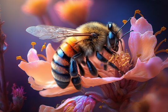 Beautiful Closeup Of A Bee On The Flowers In Spring Or Summer As A Digital Illustration (Generative AI)